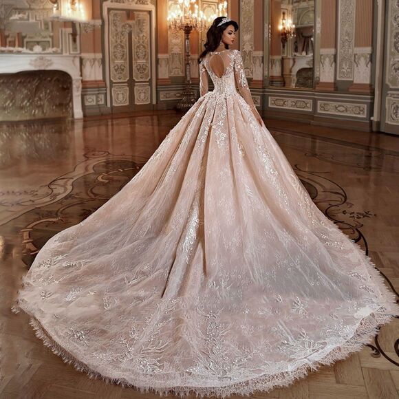 IS-NWT Luxury US18W Wedding Dress Long Sleeve Beading Flowers Scoop Wedding Gown - Picture 2 of 9